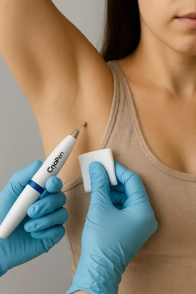woman having cryopen to remove underarm skin tags King's Cross