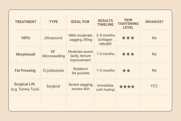 Table showing the comparisons of Skin tightening King's Cross treatment options.